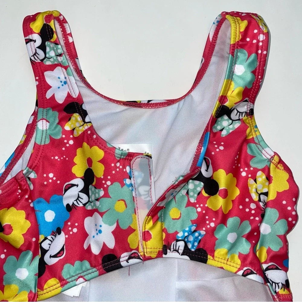 Disney Girls Red Floral Minnie One-Piece Swimsuit with Blue Bow